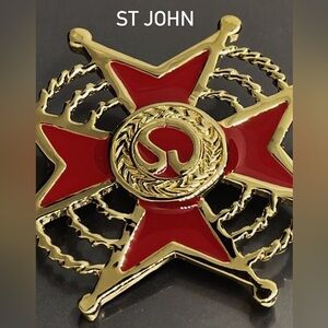#223 ST JOHN Red Enamel & Goldtone Maltese Cross Brooch